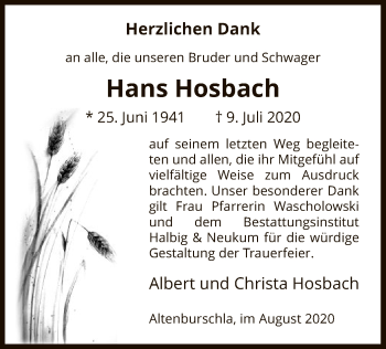 Traueranzeige von Hans Hosbach von WRS