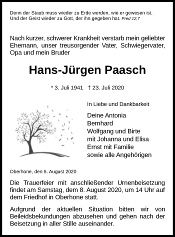 Traueranzeige von Hans-Jürgen Paasch von WRS