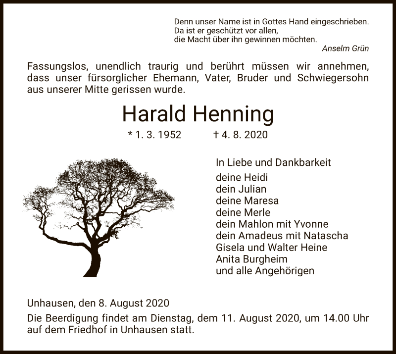  Traueranzeige für Harald Henning vom 08.08.2020 aus WRS