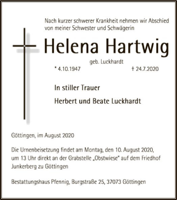 Traueranzeige von Helena Hartwig von WRS