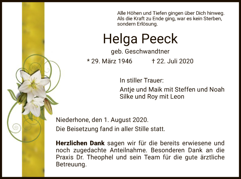  Traueranzeige für Helga Peeck vom 01.08.2020 aus WRS