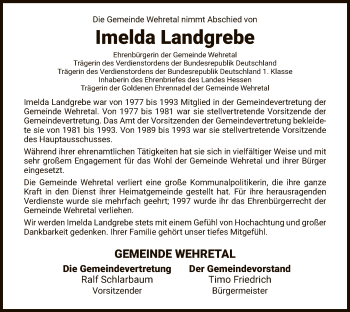 Traueranzeige von Imelda Landgrebe von WRS