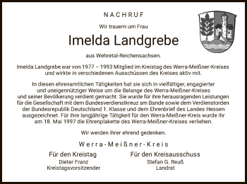 Traueranzeige von Imelda Landgrebe von WRS