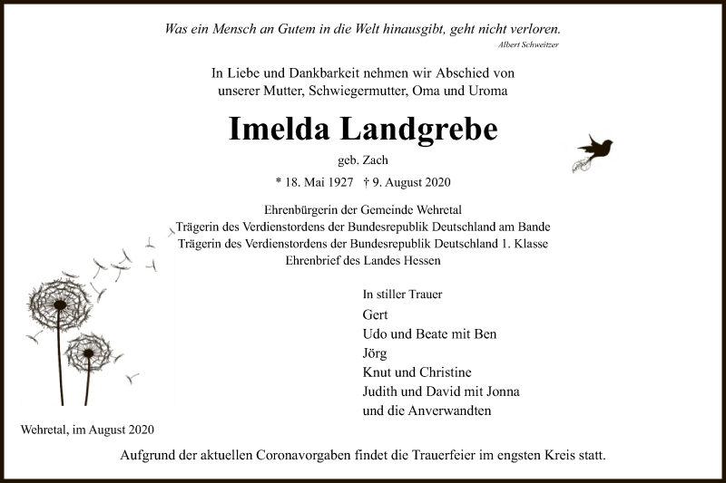  Traueranzeige für Imelda Landgrebe vom 15.08.2020 aus WRS