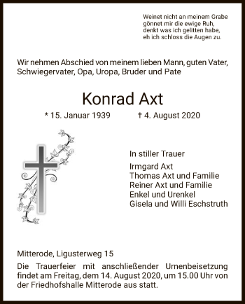 Traueranzeige von Konrad Axt von WRS