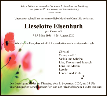 Traueranzeige von Lieselotte Eisenhuth von WRS