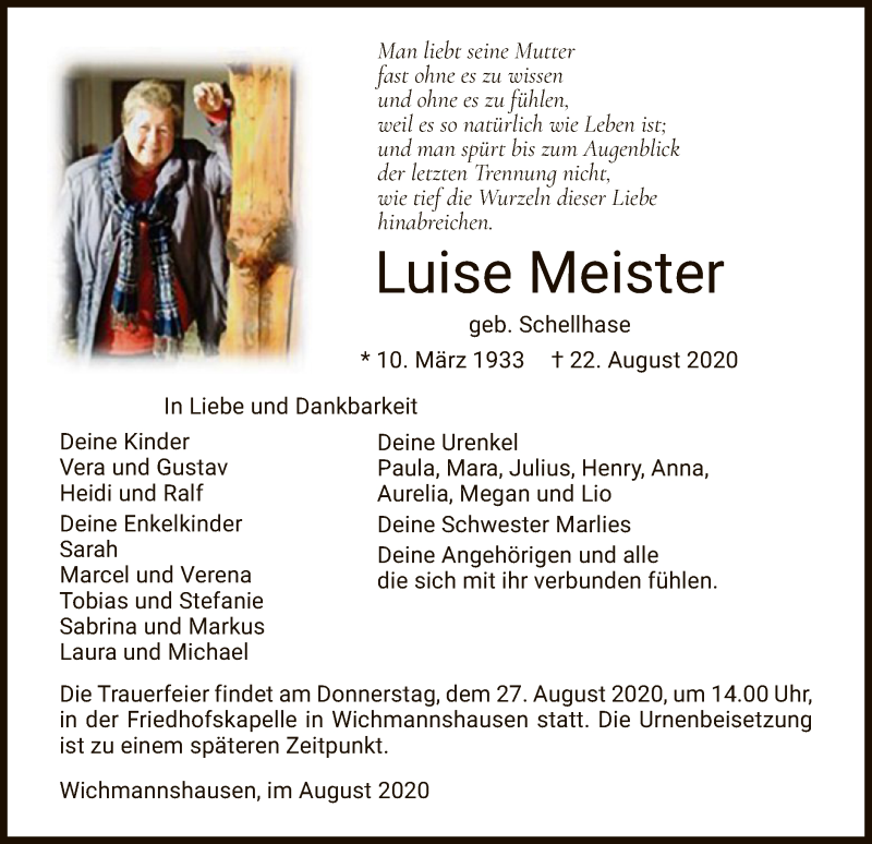  Traueranzeige für Luise Meister vom 25.08.2020 aus WRS