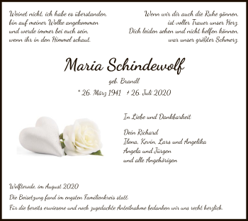 Traueranzeige von Maria Schindewolf von WRS