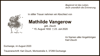 Traueranzeige von Mathilde Vangerow von WRS