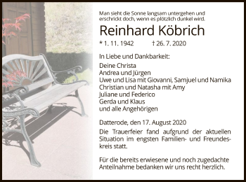 Traueranzeige von Reinhard Köbrich von WRS