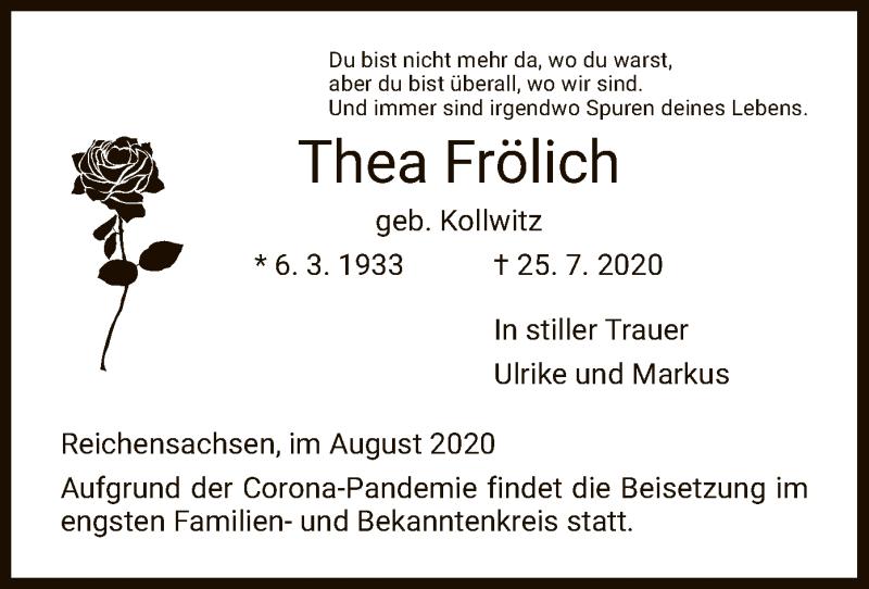  Traueranzeige für Thea Frölich vom 04.08.2020 aus WRS