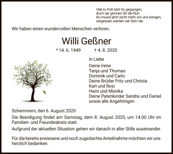 Traueranzeige von Willi Geßner von WRS