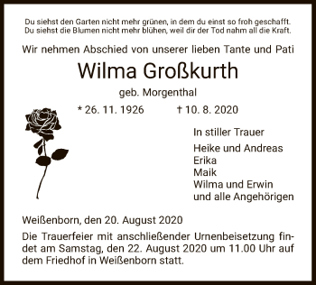 Traueranzeige von Wilma Großkurth von WRS