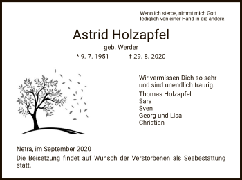 Traueranzeige von Astrid Holzapfel von WRS