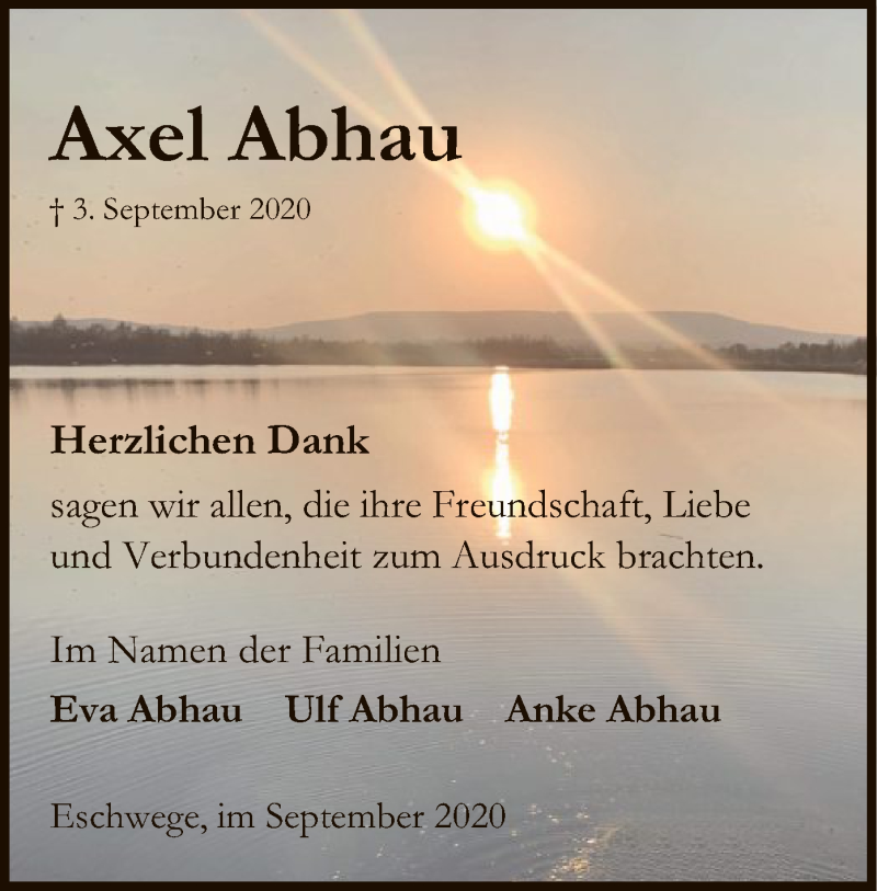  Traueranzeige für Axel Abhau vom 26.09.2020 aus WRS