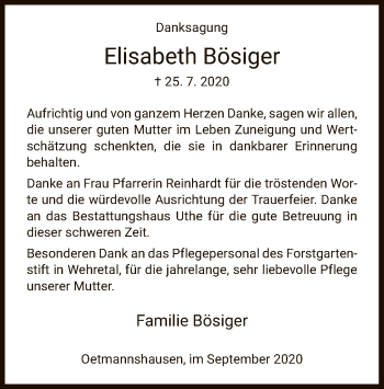 Traueranzeige von Elisabeth Bösiger von WRS