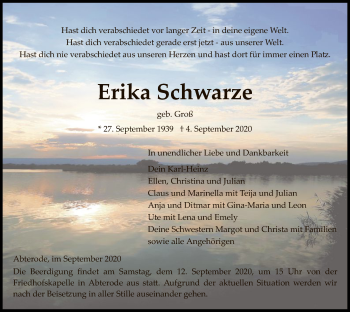 Traueranzeige von Erika Schwarze von WRS