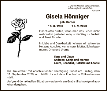 Traueranzeige von Gisela Hönniger von WRS