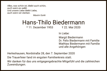 Traueranzeige von Hans-Thilo Biedermann von WRS