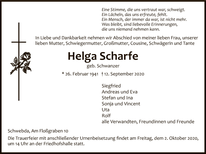  Traueranzeige für Helga Scharfe vom 26.09.2020 aus WRS