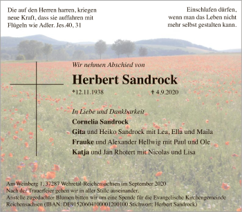 Traueranzeige von Herbert Sandrock von WRS