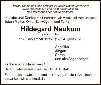 Traueranzeige von Hildegard Neukum von WRS