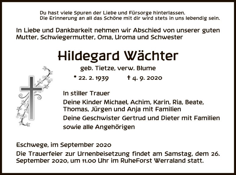  Traueranzeige für Hildegard Wächter vom 19.09.2020 aus WRS