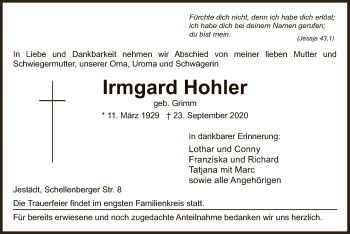 Traueranzeige von Irmgard Hohler von WRS