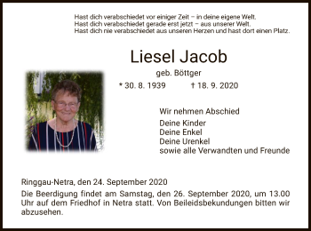 Traueranzeige von Liesel Jacob von WRS