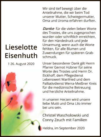 Traueranzeige von Lieselotte Eisenhuth von WRS