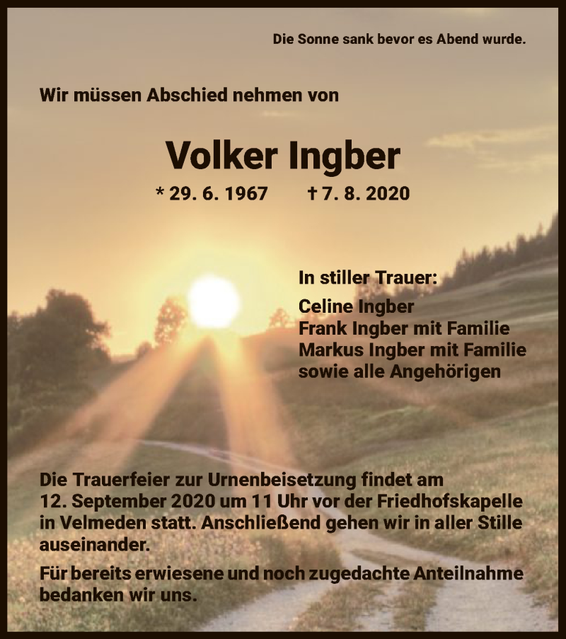  Traueranzeige für Volker Ingber vom 05.09.2020 aus WRS