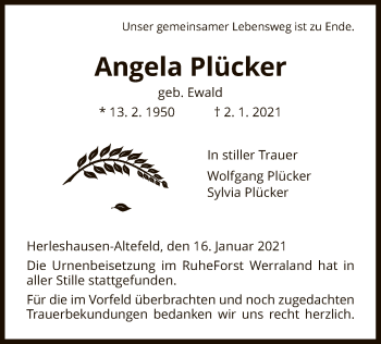 Traueranzeige von Angela Plücker von WRS