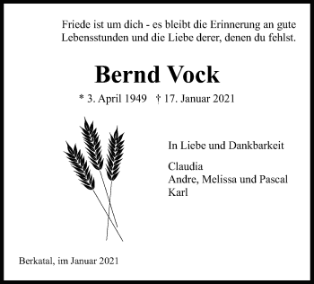 Traueranzeige von Bernd Vock von WRS