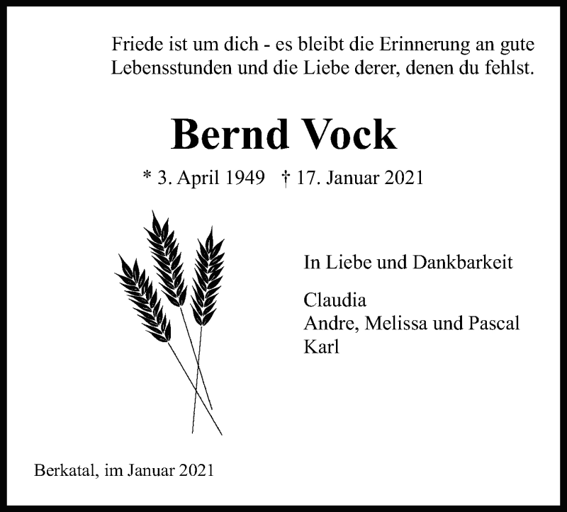  Traueranzeige für Bernd Vock vom 20.01.2021 aus WRS