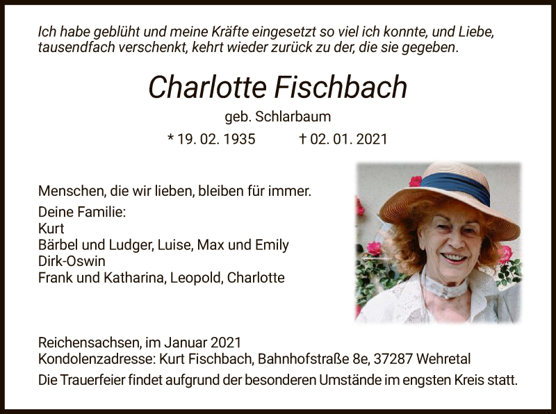  Traueranzeige für Charlotte Fischbach vom 22.01.2021 aus WRS