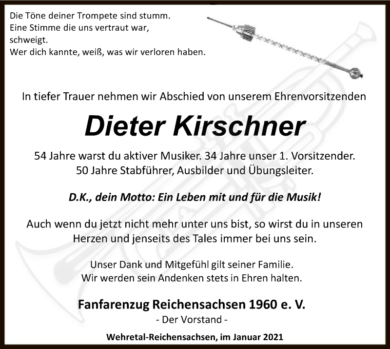  Traueranzeige für Dieter Kirschner vom 16.01.2021 aus WRS