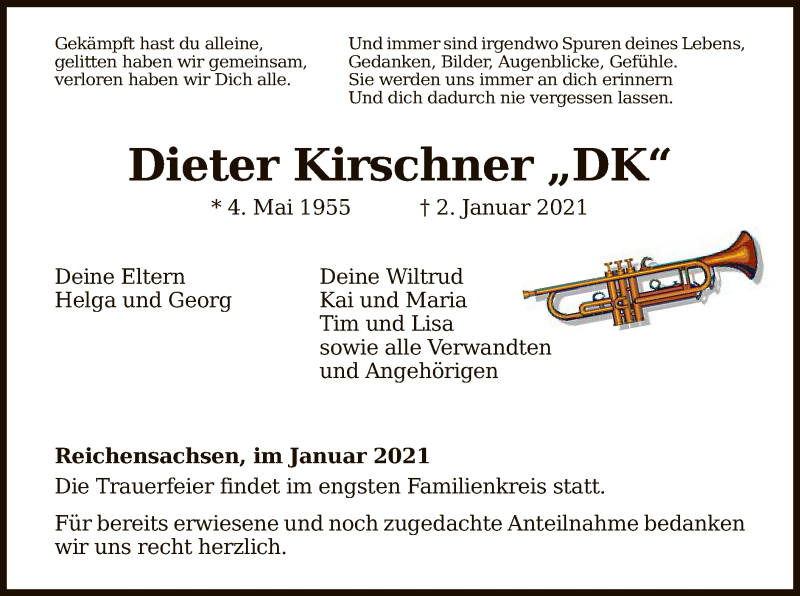  Traueranzeige für Dieter Kirschner vom 09.01.2021 aus WRS