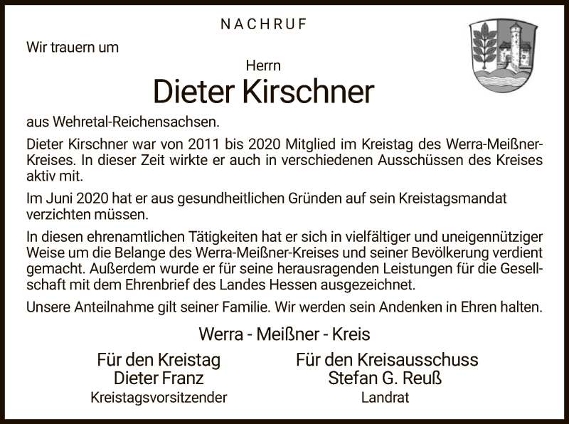  Traueranzeige für Dieter Kirschner vom 14.01.2021 aus WRS