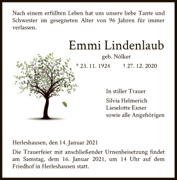 Traueranzeige von Emmi Lindenlaub von WRS