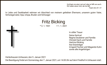 Traueranzeige von Fritz Bicking von WRS