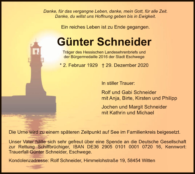  Traueranzeige für Günter Schneider vom 09.01.2021 aus WRS