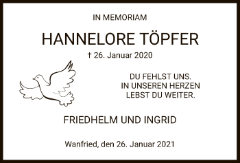 Traueranzeige von Hannelore Töpfer von WRS