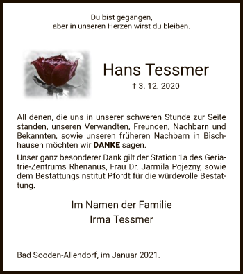 Traueranzeige von Hans Tessmer von HNA