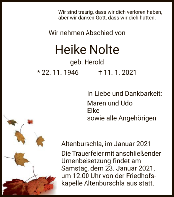 Traueranzeige von Heike Nolte von WRS