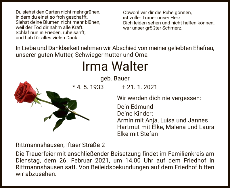  Traueranzeige für Irma Walter vom 23.01.2021 aus WRS