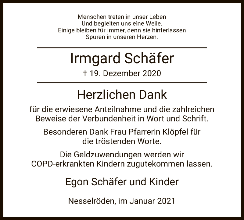  Traueranzeige für Irmgard Schäfer vom 23.01.2021 aus WRS
