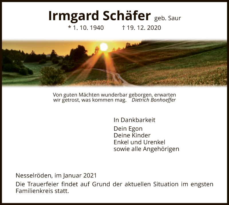  Traueranzeige für Irmgard Schäfer vom 12.01.2021 aus WRS