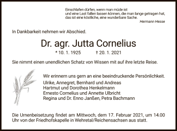 Traueranzeige von Jutta Cornelius von WRS