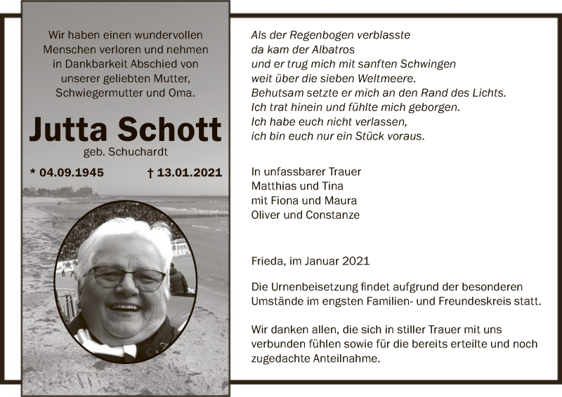  Traueranzeige für Jutta Schott vom 30.01.2021 aus WRS
