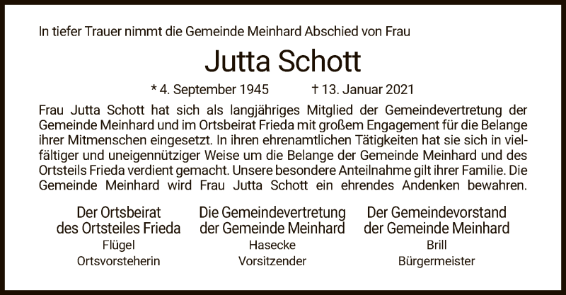  Traueranzeige für Jutta Schott vom 23.01.2021 aus WRS